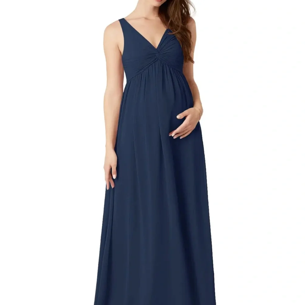 A-Line V-Neck Chiffon Floor-Length Maternity Dress Dark Navy Azazie Yetta - Picture 1 of 14